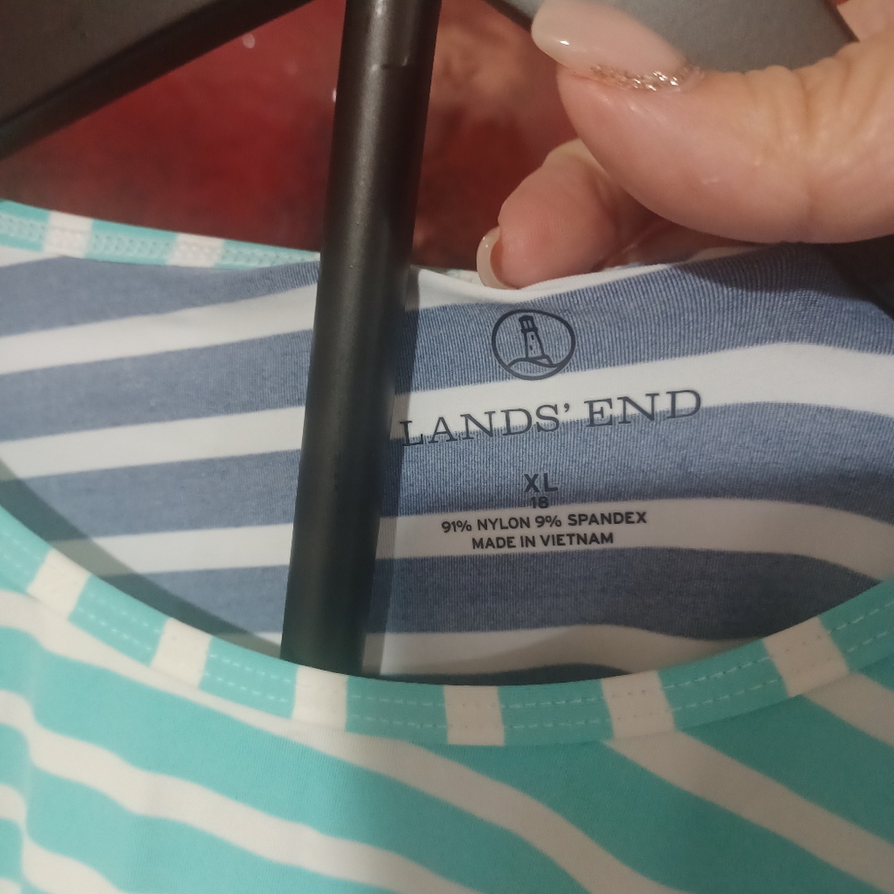 Lands' End Striped in Aqua, Navy & Yellow Summer Shirt - Picture 2 of 4